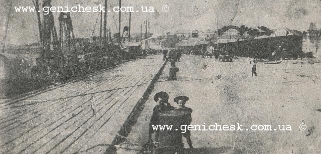 Причальная линия порта. На переднем плане дети Л.М. Прихненко 
  – Сева и Володя. Фото начала века.